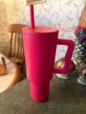 Simple Modern Insulated Hot Pink Travel Tumbler with Two Straws